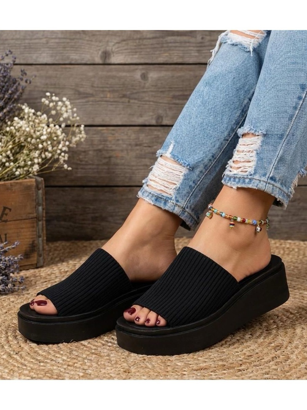 Black Ribbed Platform Slide Mules Cushionaire
